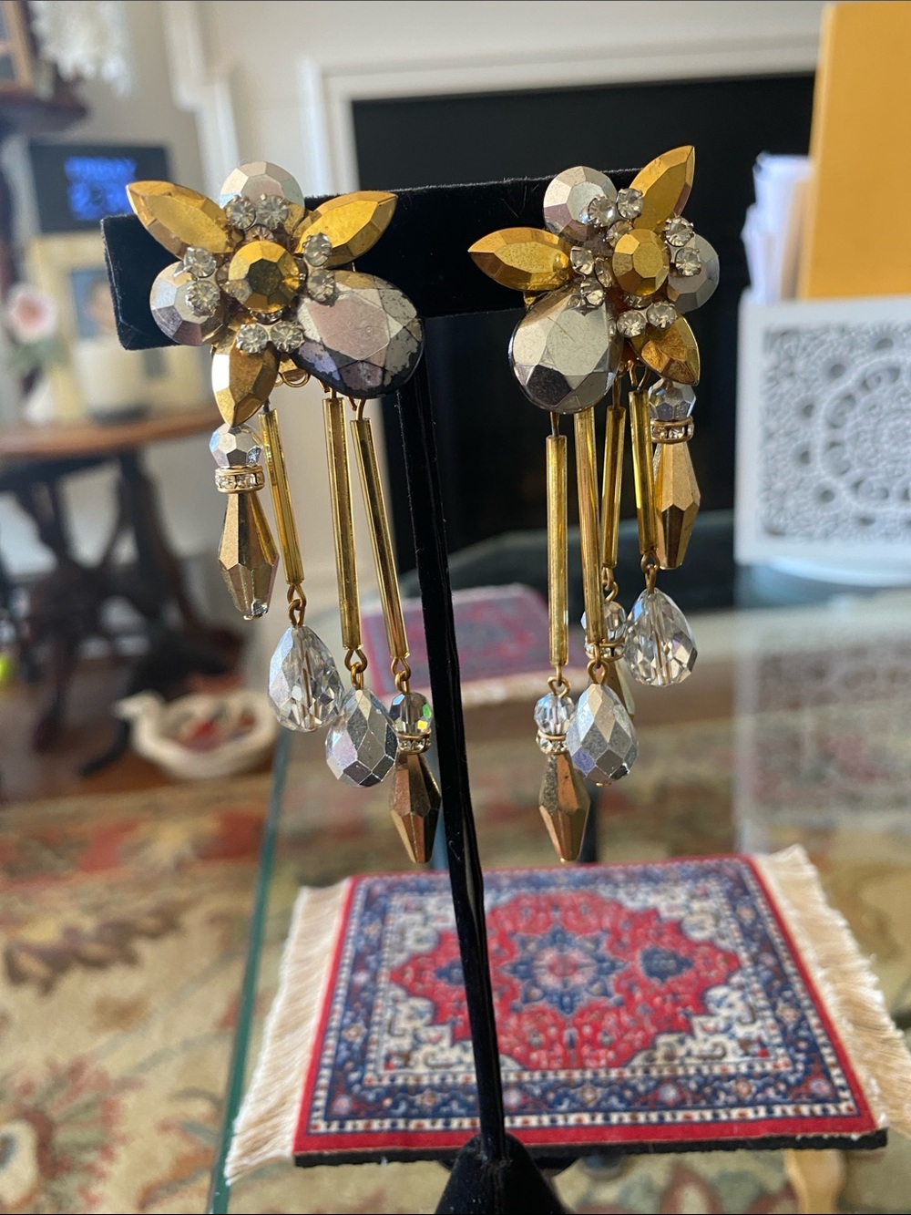 Gold and Crystal Floral Drop Earrings - Women Jewelry